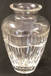 Vintage Waterford Crystal Tulip-Shaped Vase: Description: Vintage Waterford Crystal tulip-shaped vase. Impressive heft; stylish timeless pattern works with any decor. Material: glass. Measurement: approximate 9"h x 7.5w (INCHES). Shipping cost: