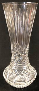 Vintage Signed Waterford Crystal 10" Vase: Description: Slender necked, bulbous-shaped vintage Waterford Crystal vase. Marked on underside. Heavy, impressive heft; graceful shape and elegant pattern. Material: glass. Measurement: approximate