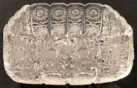 Vintage Bliekristall Square Bowl: Description: Vintage Bliekristall square bowl. Intricate sunburst diamond cut pattern with scalloped edges; unusual shape; nice heft and weight. Material: glass. Measurement: approximate 4.5"w x