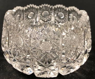 Vintage Bliekristall Open Sugar Bowl: Description: Vintage Bliekristall open sugar bowl. Intricate sunburst diamond cut pattern, scalloped edges. Material: glass. Measurement: approximate 4.5"w x 3.5"h (INCHES). Shipping cost: $17.