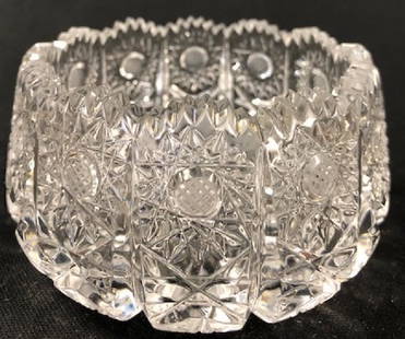 Vintage Bliekristall Open Sugar Bowl: Description: Vintage Bliekristall open sugar bowl. Intricate sunburst diamond cut pattern, scalloped edges. Material: glass. Measurement: approximate 4.5"w x 3.5"h (INCHES). Shipping cost: $17.