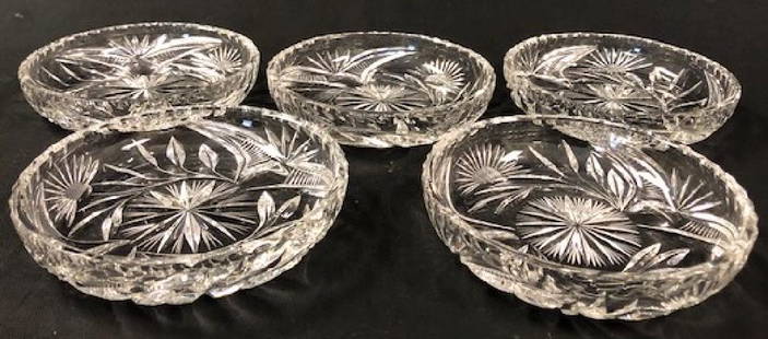 5 Bleikristall Salad/Dessert Plates: Description: Very stylish set of five Bliekristall shallow salad/dessert plates. Gorgeous floral side pattern, sunburst etching on underside. Material: glass. Measurement: approximate 6"w (INCHES).