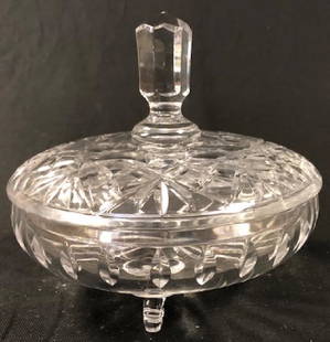 Bliekristall Footed Covered Candy Dish: Description: Delightful Bliekristall footed candy dish with cover. Elegant etched pattern and nicely sized finial on cover for easy handling. Material: glass. Measurement: approximate 8"h x 6"w