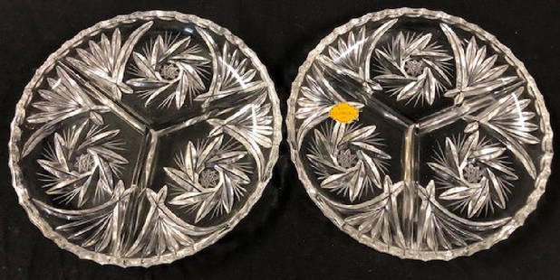 Splendid Bliekristall Lead Crystal Divided Dish Pair: Description: Splendid pair of lead crystal Bliekristall divided vegetable/cruditÃ© plates. Three compartments; gorgeous starburst etching on underside with slight scalloped finish around rim.