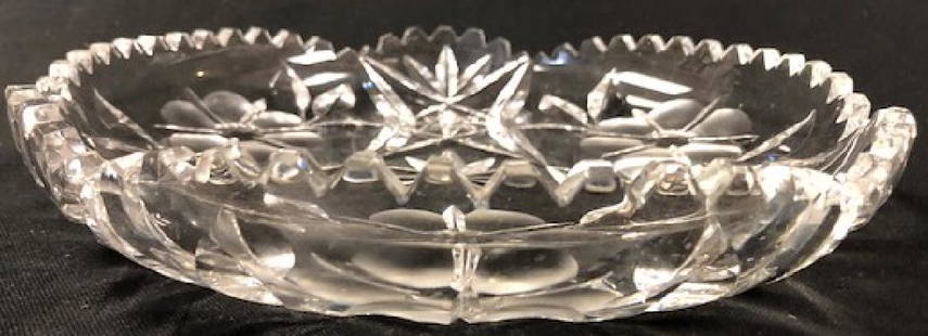 Bliekristall Lead Crystal Shallow Bowl: Description: Bliekristall lead crystal shallow bowl; nicely sized to serve as a centerpiece on a coffee table. Pretty floral and starburst etching with scalloped rim. Material: glass. Measurement: