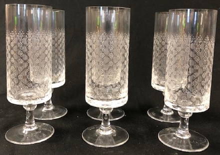 Discontinued Signed Rosenthal Crystal "Motif" (Romance: Description: Set of 6 beautiful Rosenthal Crystal water goblets. Discontinued pattern: Motif (Romance I stem). Crafted in Germany. Material: blown glass. Measurement: approximate 7"h x 2.25"w