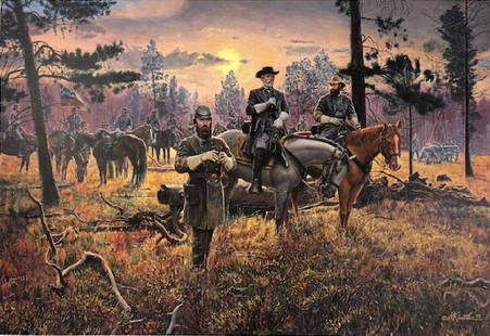 Mort Kunstler Signed, Limited Edition Lithograph: Description: Mort Kunstler fine art lithograph depiction of a Civil War scene; signed and dated. Entitled "Confederate Sunset," the print is a view of Fredericksburg, Va.,, from February, 1863. Printe