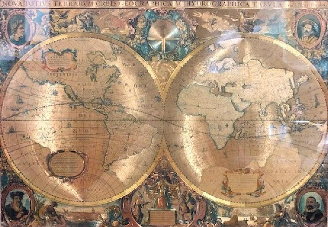Gold Foil Map Print, Nova Totius Terrarum Orbis: Description: Gold Foil Print, Hendrik Hondius, Nova Totius Terrarum Orbis Geographica AC Hydrographica Tabula. Unique and visually captivating, this world map has been described as a 'classic single-s