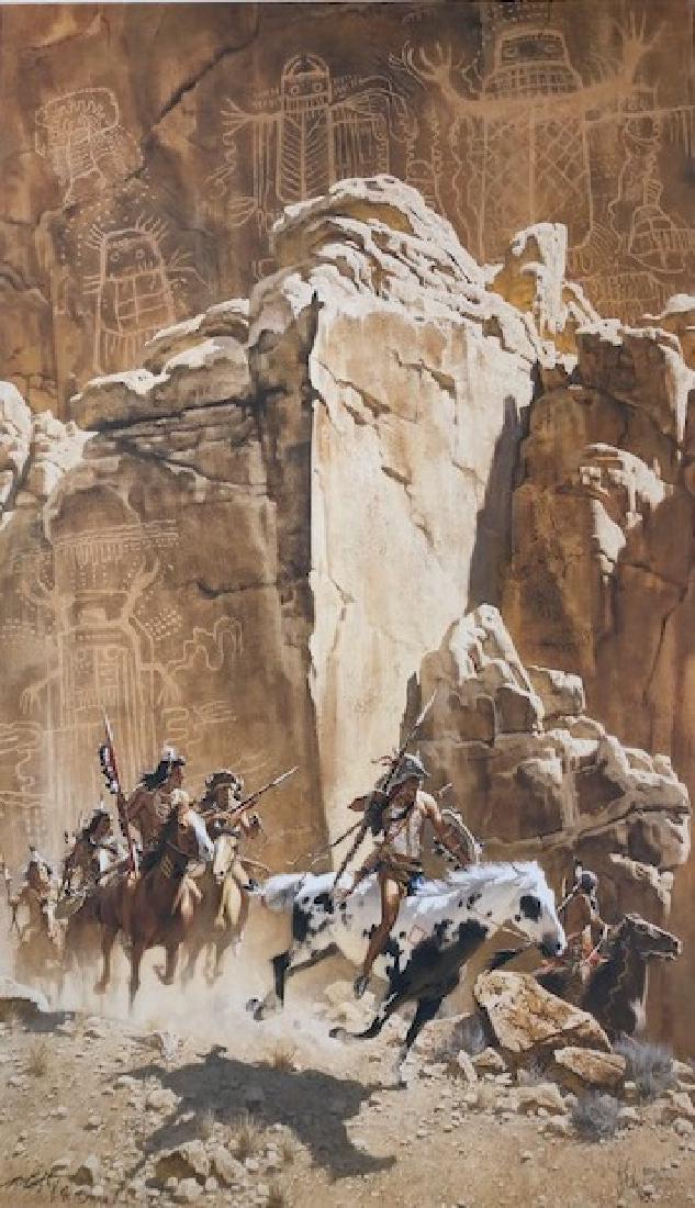 Frank C. McCarthy Signed, Limited Edition Lithograph w/: Description: Frank C. McCarthy limited edition, signed lithograph, "Beneath the Cliff of the Spirits," with 3 petroglyph frieze prints. McCarthy (1924-2002) was an American artist known for depictions