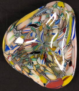 Murano Candy Dish: Description: Gorgeous Murano glass candy dish; brilliantly decorated. Material: glass. Measurement: approximate 9.5" x 8" (INCHES). Shipping: $40; different rate to California, Alaska, California &