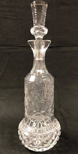 Rare Shape! Antique Crystal Decanter: Description: One of a kind antique crystal decanter, crafted in the most distinctive shape. Etched with florals and a cross hatch pattern near base. With etched stopper. Splendid etching and design,