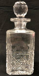 Fabulous 9.75" Crystal Decanter: Description: Handsome rectangular-shaped body cut glass spirit decanter with glorious faceted stopper (possibly not original). Perfectly sized for display. Etching near base of decanter with sunburst