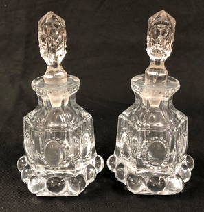 Charming Hobnail Cut Glass Bottle Pair: Description: Charming hobnail cut glass bottle pair with stoppers (possibly not original). Material: glass. Measurement: approximate 5.50" (INCHES). Shipping: $40; different rate to Alaska,