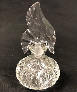 Antique Perfume Bottle w/ Leaf Stopper: Description: Fetching cut glass antique perfume style with Lalique-style, leaf-shaped stopper (not original). Circa 1930's. Material: glass. Measurement: approximate 5.50" (INCHES). Shipping: $18: