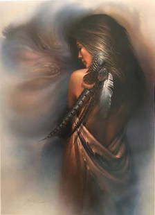 Lee Bogle "White Feather" Signed, Limited Edition: Description: Lee Bogle "White Feather," limited edition, signed lithograph. American artist Bogle is known for his depictions of Native Americans, often solitary figures of women whose beauty far surp