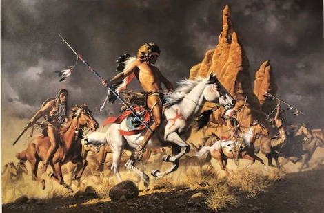 Frank C. McCarthy Limited Edition, Signed Lithograph: Description: Frank C. McCarthy limited edition, signed lithograph, "Navajo Ponies for Comanche Warriors." McCarthy (1924-2002) was an American artist known for depictions of the Native American