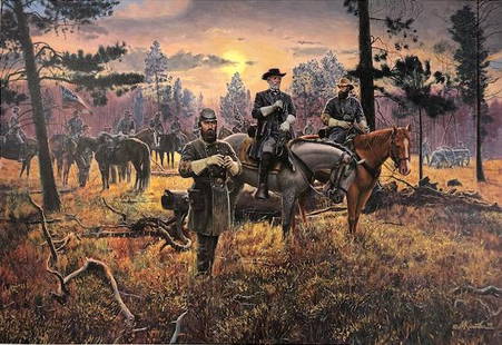 Mort Kunstler Signed, Limited Edition Lithograph: Description: Mort Kunstler fine art lithograph depiction of a Civil War scene; signed and dated. Entitled "Confederate Sunset," the print is a view of Fredericksburg, Va.,, from February, 1863.