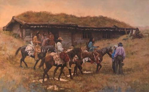 Howard Terpning, Trading Post at Chadron Creek Limited: Description: Limited edition, fine art print from Howard Terpning, Trading Post at Chadron Creek. Double signed, once in plate and once by hand and numbered by artist, unframed. Material: paper.