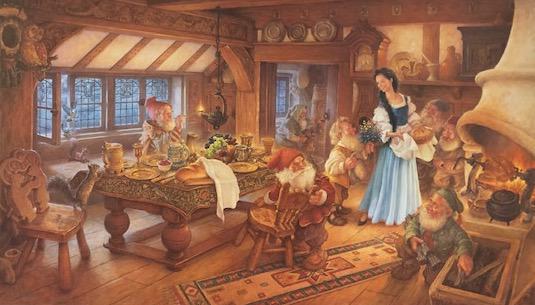 Scott Gustafson, Snow White and the Seven Dwarves,: Description: Limited edition, fine art print, Snow White and the Seven Dwarves, Scott Gustafson. Hand signed and numbered by artist, unframed. Some water damage to white margin in lower right corner;