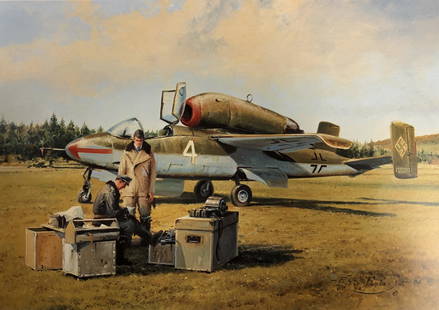 Hand Signed Robert Taylor Lithograph: Description: Fine art lithograph by Robert Taylor, "Pre-Flight Brief." Depicts a Heinkel HE 162 jet fighter pilot preparing for a mission. Published by the Military Gallery, Bath, England, 1994.