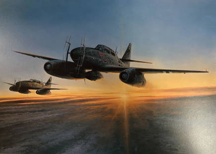 Hand Signed Robert Taylor Lithograph: Description: Exclusive! Fine art lithograph by Robert Taylor, "Night Interceptors." Depicts Me 262B jet fighters out at dusk during the Battle for Germany, 1945. Published by the Military Gallery, Bat