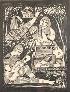 Signed, Abstract Style Black and White Lithograph: Description: Signed, abstract-style B/W lithograph of a musical interlude. Medium: lithograph on paper. Measurement: approximate 18"w x 22"h in frame/ Lithograph, approximately 15" x 16" (INCHES).