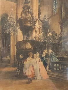 Antique J. Henza Color Etching: Description: Glorious antique J Henza color etching depicting people in French 16th or 17th century period dress, leaving a christening in an elaborate church. Framed, matted and signed; in gilded