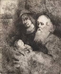 Etching Presentation in Temple after Rembrandt: Description: Signed etching of Presentation in the Temple after Rembrandt, depicting the reverse of what is attributed as Rembrandt's last painting, "Simeon's Song of Praise", 1669. Dated 1971,