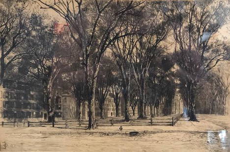 Yale Campus, Original Etching by Ellen Oakford, Circa: Description: Original, highly detailed etching of the Yale Campus by noted female printmaker Ellen Oakford, circa 1888, depicting the Yale fence on campus, which is no longer in existence. The Yale