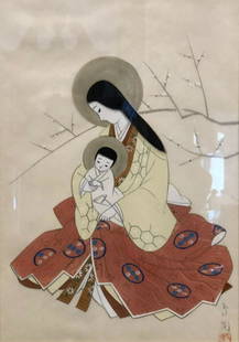 Exquisiste Chinese Lithograph on Rice Paper: Description: Exquisite Chinese lithograph on rice paper depicting a loving mother with her child. Beautifully framed and matted and mounted under glass.Measures 14" x 18" Matting bears inscription,