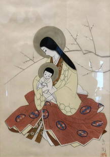 Exquisiste Chinese Lithograph on Rice Paper: Description: Exquisite Chinese lithograph on rice paper depicting a loving mother with her child. Beautifully framed and matted and mounted under glass.Measures 14" x 18" Matting bears inscription, Th