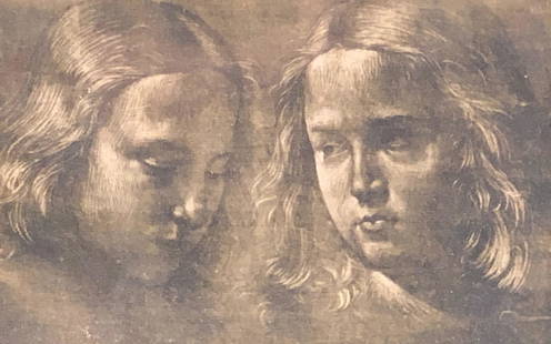Fine Art Etching After Bigordi: Description: Fine art etching after Bigordi depicting two girls, their heads side by side. Wonderful shading and storytelling in this vintage black and white original etching, mounted on silk, set