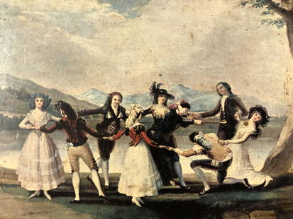 Vintage Spanish Print on Wood: Description: Vintage Spanish print on wood. Wood frame features a copper-color finish, scene in middle depicts couples in period attire dancing joyously in a circle. Made in Spain label affixed to