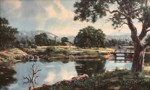 Large N. Mirkovich Giclee on Canvas: Description: Artwork with a presence! Striking, large signed & dated Nenad Mirkovich landscape, depicting a rural mill and river scene in peaceful blue and green shades. Material: canvas; wood.