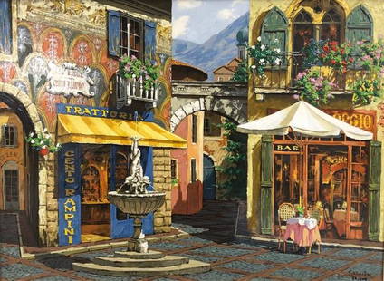 Viktor Shvaiko Fountain in the Square: Description: Limited edition, embellished Viktor Shvaiko Fountain in the Square serigraph, hand signed & numbered, depicting an inviting corner of a European village. With a fountain between them,