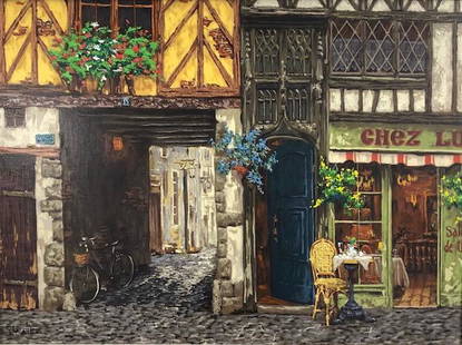 Viktor Shvaiko Fine Art Serigraph: Description: Another charming French street scene from listed artist Viktor Shvaiko, this fine serigraph depicts Rue Pascal, along with an omnipresent French bicycle against a wall. Material: canvas;