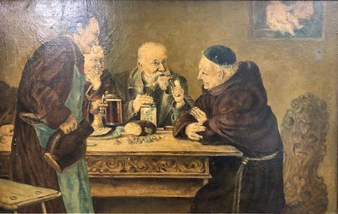 19th C. Old Master-Style Oil Painting: Description: Exquisite composition and shading highlight this old master-style antique oil on canvas depicting four gentleman, including a friar, deep in conversation. Gorgeous carved wood frame.