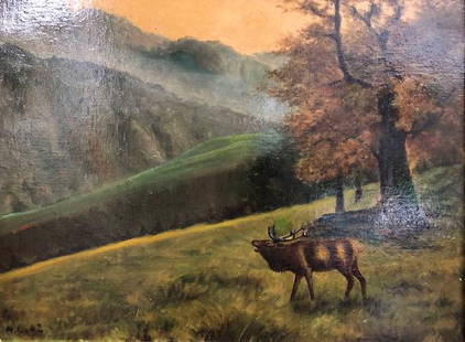 Signed Moose in Nature Hudson River School: Description: Hudson River School Style Signed and dated oil on canvas depicting a moose in nature. Striking color palette of autumnal colors including dark greens with a pale gold for the sky.