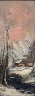 E. Ryan Antique Original Oil: Description: E. Ryan antique original oil on canvas depicting a snowy rural scene in Impressionist style. Set in gorgeous, carved and gilded wood frame which nicely accentuates the beautiful rose