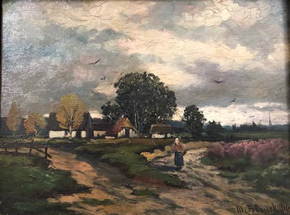 19th Century Signed, Impressionist-Style Oil: Description: Antique, 19th century Impressionist-style oil on board depicts a solitary women walking along a rural road; barns in background along with a few birds in a somewhat stormy sky.