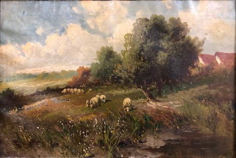 19th C. Signed, Pastoral Scene Original Oil Painting: Description: 19th Century original oil on canvas depicting a peaceful pastoral scene with sheep grazing in foreground. Circa late 19th or early 20th century. Signed by artist in lower left corner.