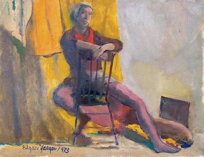 Edgar Yaeger Oil Painting , Signed & Dated: Description: Signed & dated (1973) oil painting on canvas by American modernist painter Edgar Yaeger (1904-1997), depicting a woman in a reflective pose in a mostly empty room. Yaeger was a