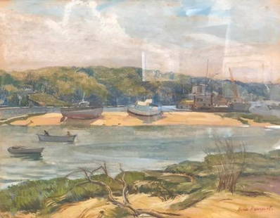 Anne Harcourt Original Oil on Canvas: Description: Colorful depiction of boats on a bay; some up on a sandbar by Anne Harcourt. The water, sky and surrounding scenery are painted in pastel blues and greens with lighter shades for the