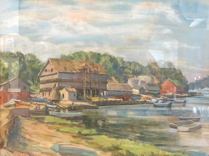 Anne Harcourt Original Oil on Canvas: Description: Colorful depiction of a boatyard on a summer day in this original oil on canvas by Anne Harcourt. Professionally framed and matted. Material: canvas; glass; wood. Measurement: