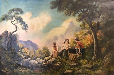 Beautiful Antique Pastoral Oil on Canvas by M.D. Chin: Description: Against a glorious sky, two woman fetch water from a well while a young girl tends a flock of sheep in this outstanding antique original oil on canvas by artist M.D. Chin, possible circa