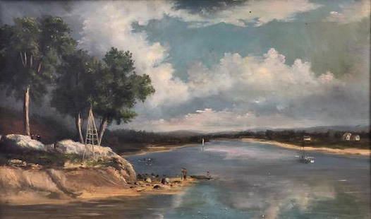 Spectacular Late 19th Century Oil Painting: Description: Spectacular late 19th century oil painting depicting an idyllic scene by the bay. Painted in the Hudson River School-style so popular during that time. A very fine, beautifully rendered