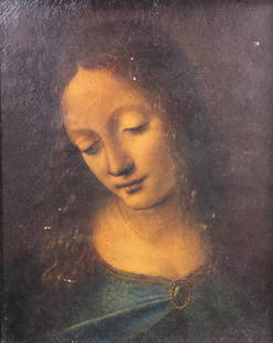 LEONARDO DA VINCI PRINT / MADONNA OF THE ROCKS: Description: Sublime fine art print on board of detail after Leonardo da Vinci's (THE MADONNA OF THE ROCKS / OR THE VIRGIN OF THE ROCKS). Lighting and skin tone are exquisitely rendered. This is a sma