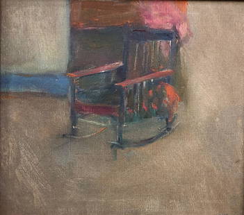 Signed, Abstract-Style Oil on Canvas: Description: Signed, abstract-style oil on canvas depicting a lone rocking chair without an occupant. Murky, wonderfully atmospheric and most inviting to view. Matted and set in gilded wood frame;
