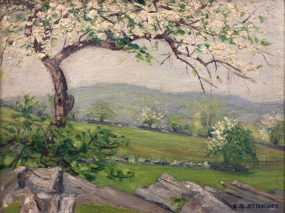 E.G. Stickney Oil on Board: Description: Lovely impressionist-style landscape on oil on board by artist E.G. Stickney. Glorious shades of light green dominate, enhanced by elements of white, gray and soft blue. Set in a very