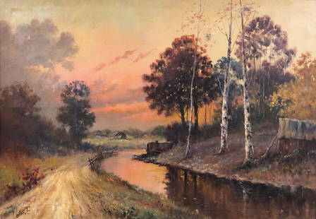 E. LaForet Landscape: Description: Signed oil on canvas by E. LaForet. Dramatic lighting and shading appear to illuminate this large landscape depiction of a forest and stream in autumn. Artist Eugene La Foret was born in